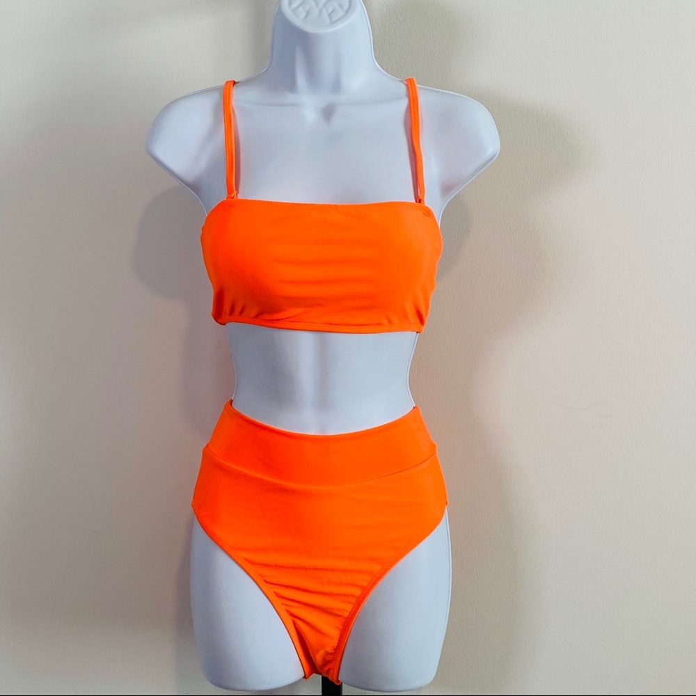 Neon Orange 2 Pc Bathing Suit Bikini High Waisted Padded  Size S   NWOT - Picture 2 of 12